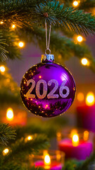 Fototapeta premium Purple Christmas ornament with silver 2026. Shiny violet holiday bauble with silver numbers. Festive purple Xmas ball with light silver 2026. Glossy purple tree ornament with silver year 2026.