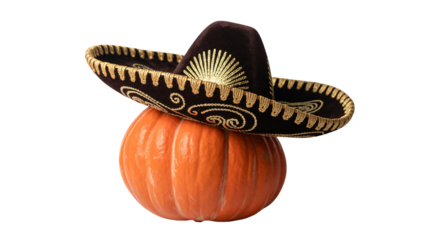 Festive fall harvest: Pumpkin wearing a vibrant Mexican sombrero, a delightful fusion of cultures for celebrating Halloween or Day of the Dead traditions