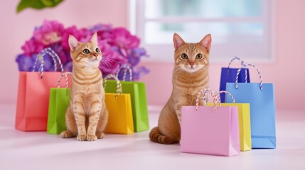 Two Ginger Kittens With Colorful Shopping Bags