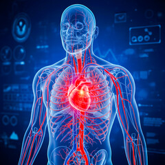 3D medical illustration of human chest showing heart and lungs anatomy with glowing red heart – healthcare and cardiology concept