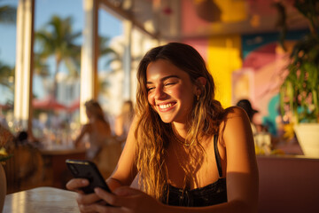 Young woman smiling while texting on her smartphone in a sunlit tropical cafe with colorful mural and warm golden-hour glow