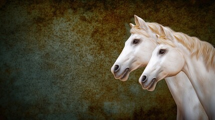 Two White Horses Portrait on Textured Background