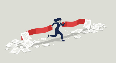 Businesswoman breaking through red tape with determination