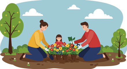 Family gardening together outdoors with smiles and colorful blooms in nature