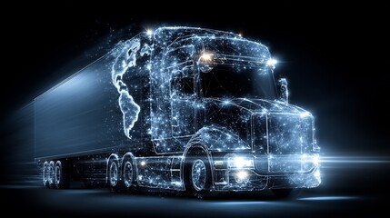 A futuristic digital rendering showcases a semi-truck overlaid with a glowing world map, symbolizing global logistics.