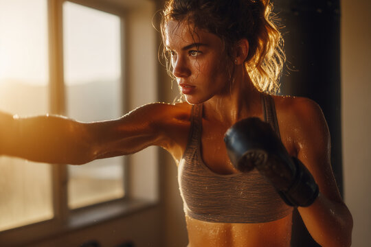 Intense female boxer training at golden hour — determined young athlete sweating and throwing a powerful punch in a sunlit gym - Powered by Adobe