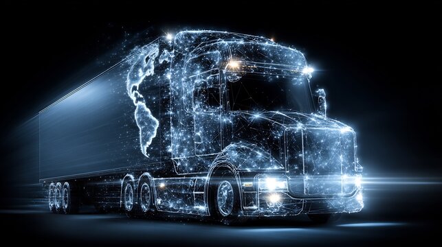 A futuristic digital rendering showcases a semi-truck overlaid with a glowing world map, symbolizing global logistics. - Powered by Adobe