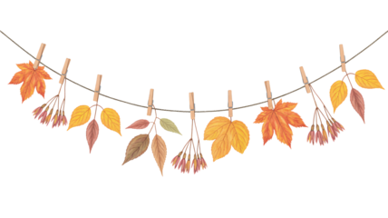 Rustic autumn charm featuring colorful leaves and delicate blooms suspended from a twine clothesline with tiny clothespins, bringing seasonal warmth