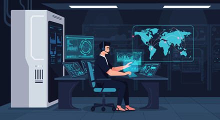 Futuristic control room with data display and world map monitors in dark environment