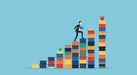 Businessman climbing bar graph of colorful stacked boxes in success concept