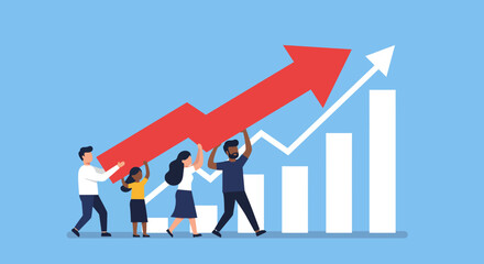 Fototapeta premium Teamwork success: diverse group boosting growth with rising graph in flat style