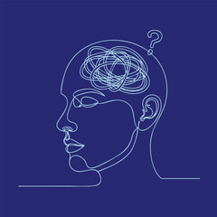 Fototapeta premium Minimalist line drawing of a human head with a tangled brain and a question mark symbolizing confusion or mental complexity