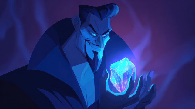 Animated, stylized villain holding a glowing crystal in a dark and moody environment