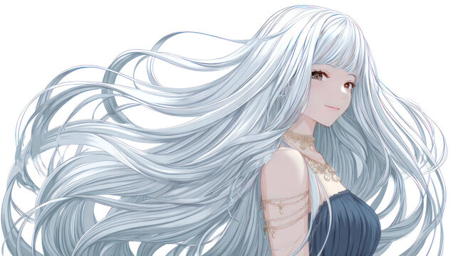 Anime woman with cascading, light blue hair and ornate gold jewelry smiles gently