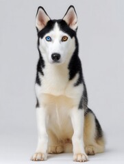 A beautiful odd-eyed Siberian Husky with one blue and one brown eye sits calmly in a studio. This striking portrait highlights its unique gaze and fur texture.