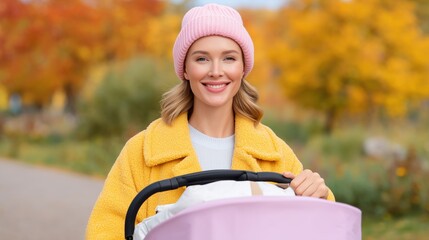 Smiling Mother Pushing Stroller in Autumn Park