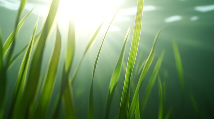 Underwater grass sways in a sunlit aquatic realm, where vibrant green blades create a serene aquatic panorama, kissed by filtered sunlight above.