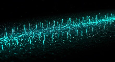 Abstract landscape of illuminated teal particles forming pillars and a horizon against a dark background.