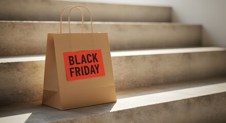 Shopping bag with promotional label on the steps, promoting seasonal discount sales day event.