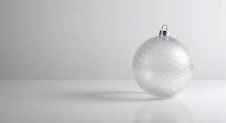 Elegant white ornament on a reflective surface, minimalist holiday decoration, ready for festive celebration.