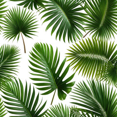 Fototapeta premium Green palm leaves on black background, tropical foliage seamless pattern