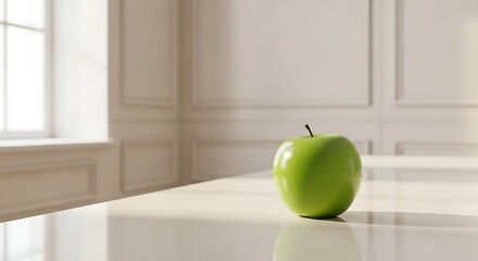 Green Apple on White Countertop in Bright Kitchen.