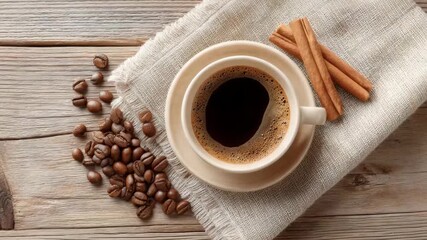 Top view of a ceramic cup filled with hot black coffee, placed on a linen napkin beside roasted coffee beans and cinnamon sticks on a wooden table. - Powered by Adobe