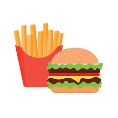 Tasty cheeseburger with lettuce and double patty served with french fries in red box. Fast food meal illustration for restaurant menu, delivery app, junk food concept, vector flat design.
