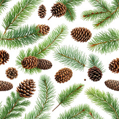 Green fir branches and brown pinecones on a black background, Christmas theme
