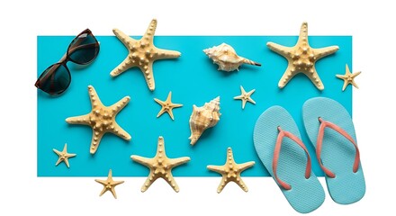 Beach essentials arranged on a blue mat sunglasses, starfish, shells, and flipflops