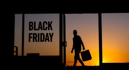 Silhouette of a shopper with bags, walking out of a store with a "special discount" sign.