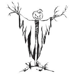 Linear vector illustration of a pumpkin scarecrow in rags on a hill. Simple outline drawing for Halloween design, icon, or decoration element.