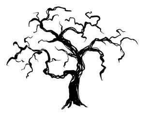 Silhouette of a dry tree with branches and trunk. Vector outline for forest, landscape, or decoration use. Leafless nature element, isolated on white background.