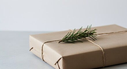 Brown paper package tied with string and topped with a small pine sprig on neutral background.