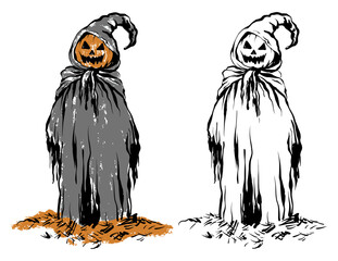 Hand drawn pumpkin man in hooded robe. Halloween jack-o-lantern, grim reaper icon, spooky scarecrow figure. Outline vector, isolated sketch, gothic horror design element.
