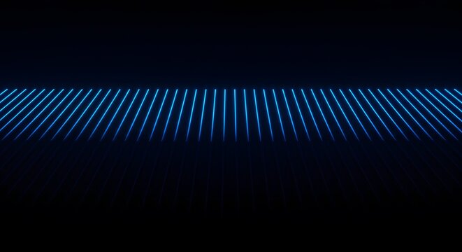 Perspective lines recede into the darkness, illuminated in radiant cyan, creating a futuristic atmosphere.