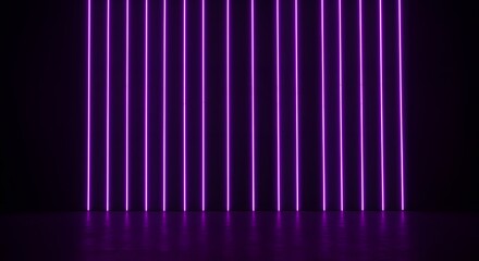 Vibrant purple light lines in a dark room create a modern, neon-lit atmosphere with reflective surfaces.