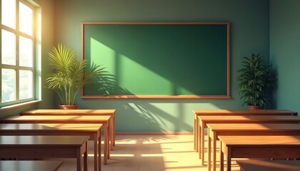 Empty classroom interior during daytime. Sunlight streams through windows on desks, blackboard. Plants on desks. School, education concept. Back to school after summer break. Studying process