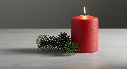A red candle burns brightly next to a pine cone and evergreen sprig against a simple background.