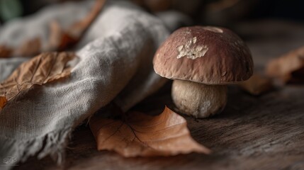 Close-up of a fresh porcini mushroom on a wooden table with dry autumn leaves and natural linen fabric in the background. Rustic still life with warm natural light and autumn mood.
