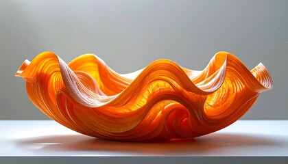 Orange glass bowl with wavy edges on a table.
