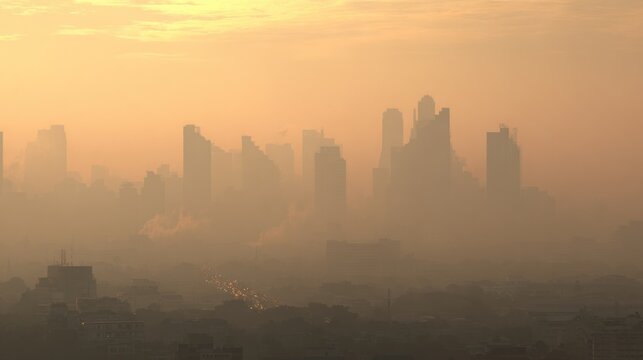 Hazy cityscape skyline during sunset with buildings fading into mist
