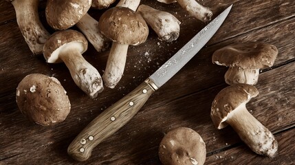 Top view of fresh porcini mushrooms and a sharp kitchen knife on a rustic wooden table. Natural light highlights the texture of the mushrooms and wood surface.