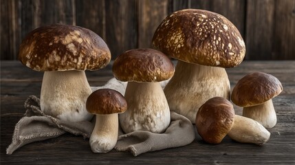 A group of fresh porcini mushrooms displayed on a rustic wooden table with linen fabric. Natural light highlights their texture and earthy tones, evoking autumn and forest harvest atmosphere.