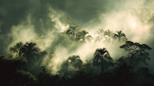 Misty jungle landscape bathed in pale light