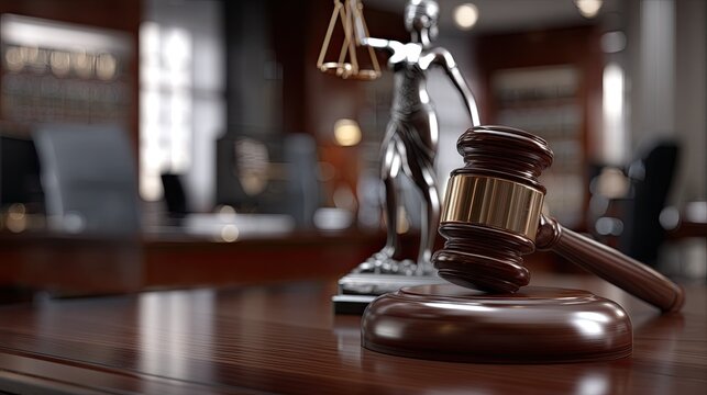 A golden statue of justice stands with scales, while a gavel rests on the table in a spacious library filled with books