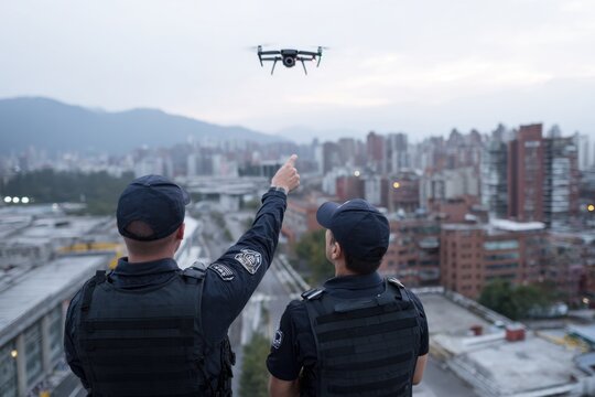 Two uniformed officers observe a drone flying above a city skyline, showcasing modern technology in law enforcement and urban surveillance from a rooftop perspective - Powered by Adobe