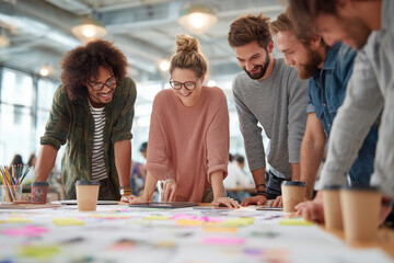 Fototapeta premium Smiling young professionals brainstorming around a sticky-note covered table in a modern open office — collaborative planning over coffee