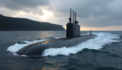 A sleek submarine navigates the ocean under a dramatic, cloudy sky near a coastline.