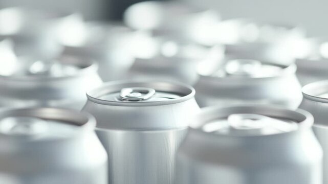 Close-up of multiple silver beer cans with blank surface as mockup, condensation, metallic texture, background